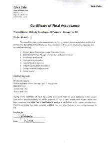 Certificate of Final Acceptance - Flowers By NJL